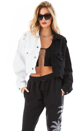 AUDREY SPLICED CROPPED DENIM JACKET