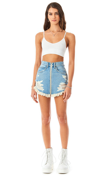 BEATRICE AZURITE SCALLOP LACE TRIM DENIM SKIRT