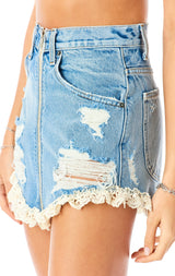 BEATRICE AZURITE SCALLOP LACE TRIM DENIM SKIRT