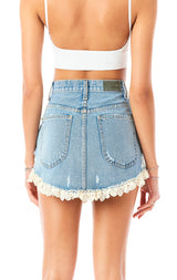 BEATRICE AZURITE SCALLOP LACE TRIM DENIM SKIRT