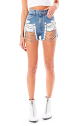 ALICE SELENITE CHAIN LADDER DENIM SHORTS