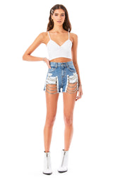 ALICE SELENITE CHAIN LADDER DENIM SHORTS 1