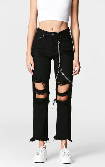 Carmar Denim: BLACK EMELIA CHAIN HARNESS JEAN - DENIM JEAN