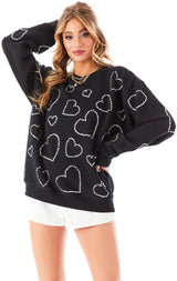 ALLOVER RHINESTONE HEART PULLOVER