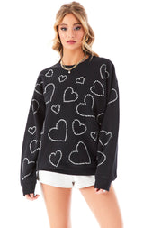 ALLOVER RHINESTONE HEART PULLOVER