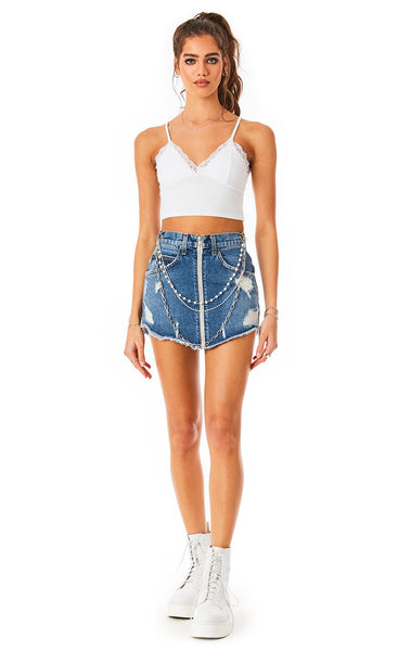 BEATRICE BELLE PEARL CHAIN DENIM SKIRT