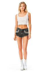 MOGAN CHARCOAL RHINESTONE FRINGE DENIM SHORT