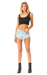 MOGAN AMERTINE RHINESTONE FRINGE DENIM SHORT