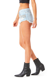 MOGAN AMERTINE RHINESTONE FRINGE DENIM SHORT