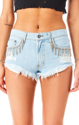 MOGAN AMERTINE RHINESTONE FRINGE DENIM SHORT