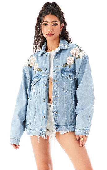 AUDREY AKOYA ROSE EMBROIDERED DENIM JACKET