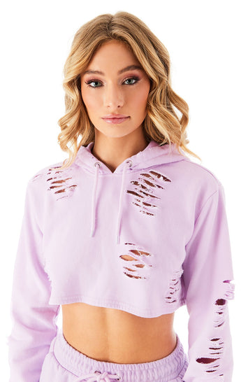 RIPPED CROPPED HOODIE LILAC