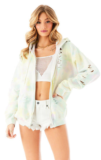 TIE DYE ROSE EMBROIDERED RIPPED ZIP UP
