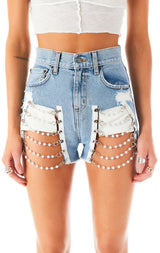 ALICE MAGNETITE PEARL LADDER DENIM SHORTS