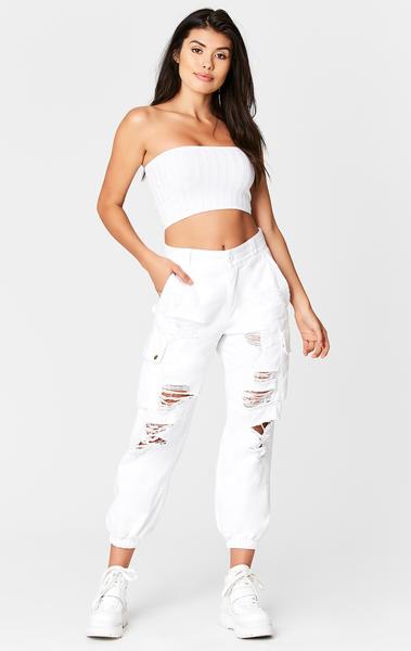 WHITE ELASTIC ANKLE CARGO PANT WITH GRINDING AND STONEWASH