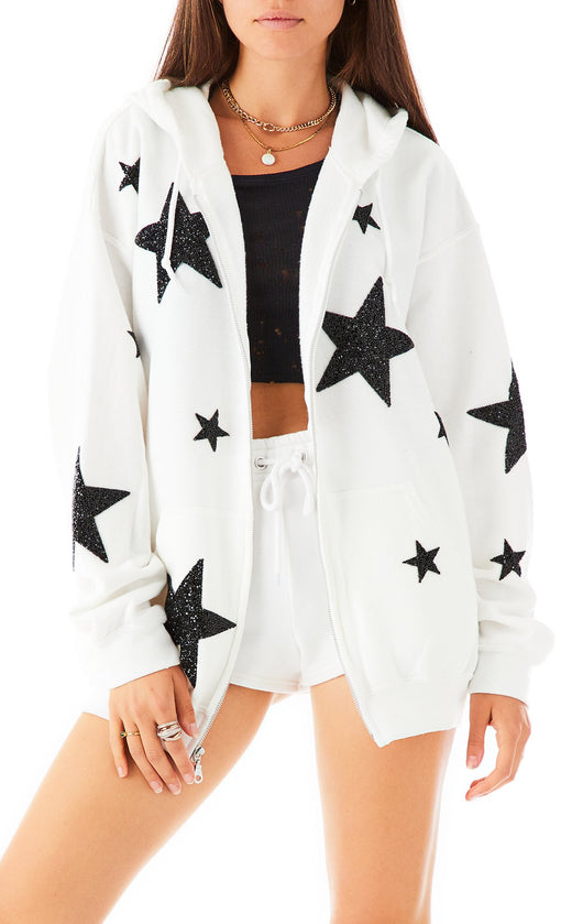 BLACK RHINESTONE STAR PATCH ZIP UP
