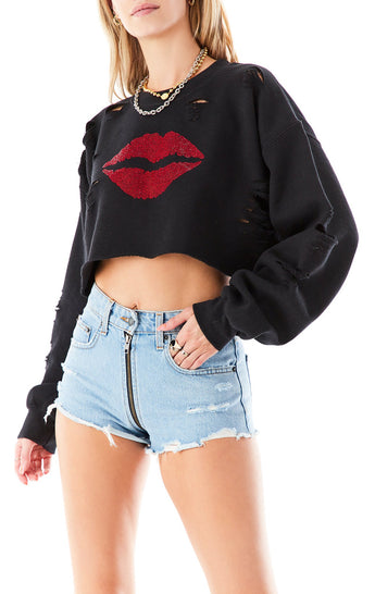 RHINESTONE LIPS PULLOVER BLACK