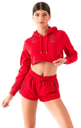 RIPPED CROPPED HOODIE RED 4
