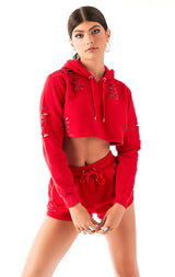 RIPPED CROPPED HOODIE RED