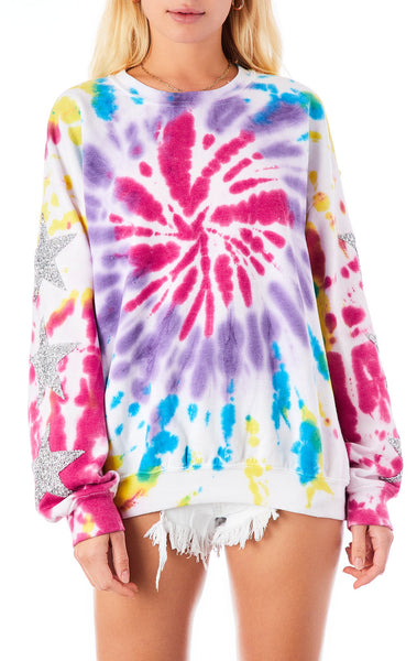 FIREWORK TIE DYE STAR PATCH PULLOVER SWEATSHIRT