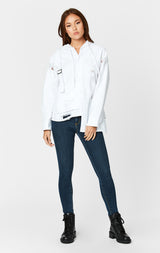 Carmar Denim: DISTRESSED HOOD SHIRT WITH FRONT BUCKLE - WOVEN TOP