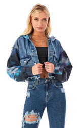 SPLICED TIE DYE SLEEVE CROP DENIM JACKET