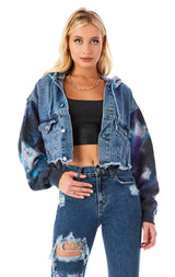 SPLICED TIE DYE SLEEVE CROP DENIM JACKET