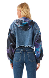 SPLICED TIE DYE SLEEVE CROP DENIM JACKET