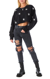 ALLOVER STAR PATCH CROP SWEATSHIRT