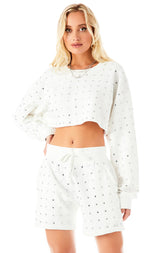 ALLOVER RHINESTONE CUFFED SWEATSHORT