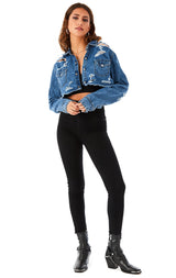 CROP SHREDDED CHAMBRAY