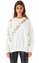 RIPPED DIAGONAL SAFETY PIN SWEATSHIRT