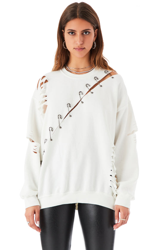 RIPPED DIAGONAL SAFETY PIN SWEATSHIRT