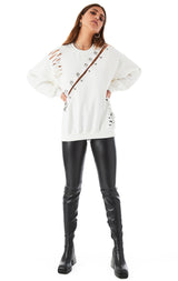 RIPPED DIAGONAL SAFETY PIN SWEATSHIRT