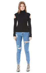 RIBBED COLD SHOULDER TURTLENECK SWEATER