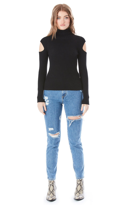 RIBBED COLD SHOULDER TURTLENECK SWEATER