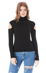 RIBBED COLD SHOULDER TURTLENECK SWEATER