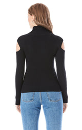 RIBBED COLD SHOULDER TURTLENECK SWEATER