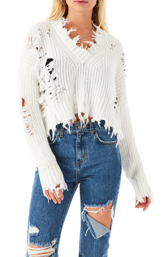 SAFETY PIN DISTRESSED CROP V-NECK SWEATER
