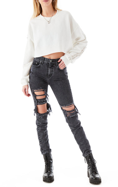 CROP PIN SLEEVE SWEATSHIRT