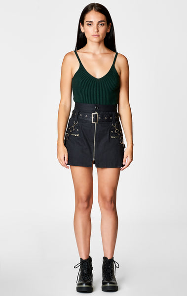 Carmar Denim: BELTED ZIP SKIRT WITH GROMMETS AND SUSPENDERS - IMPORT SKIRT