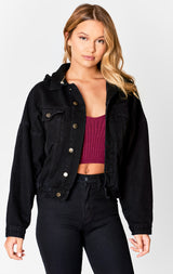 Carmar Denim: BLACK HOODED DENIM JACKET - DENIM JACKET
